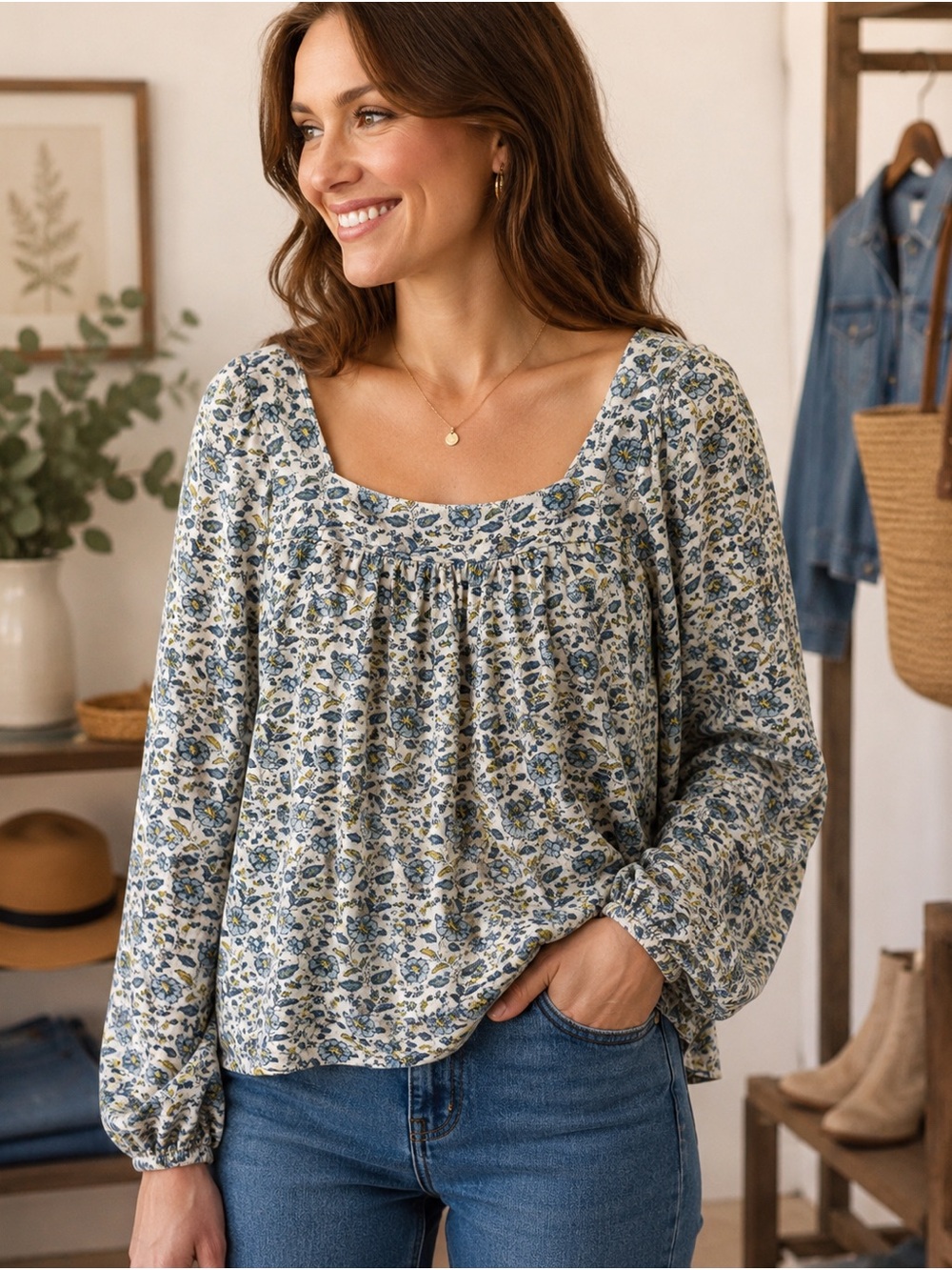 Lucky Brand XL Floral Babydoll Top Blue Ivory Long Sleeve Boho Peasant Blouse